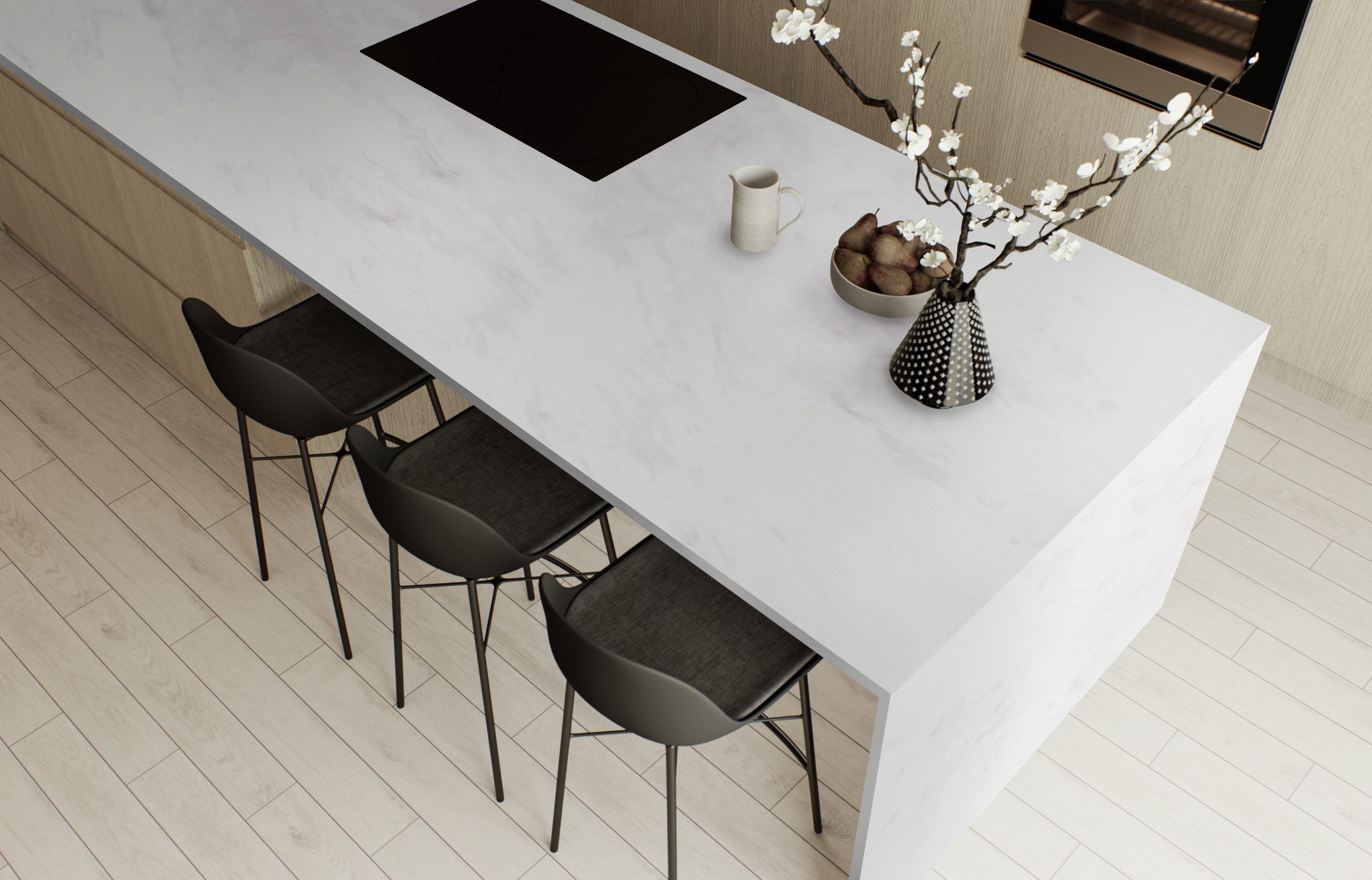 Kitchen studio in warm colors. Kitchen with wooden island and facades. Beige minimalist kitchen with a large island and kitchen appliances. 3d rendering