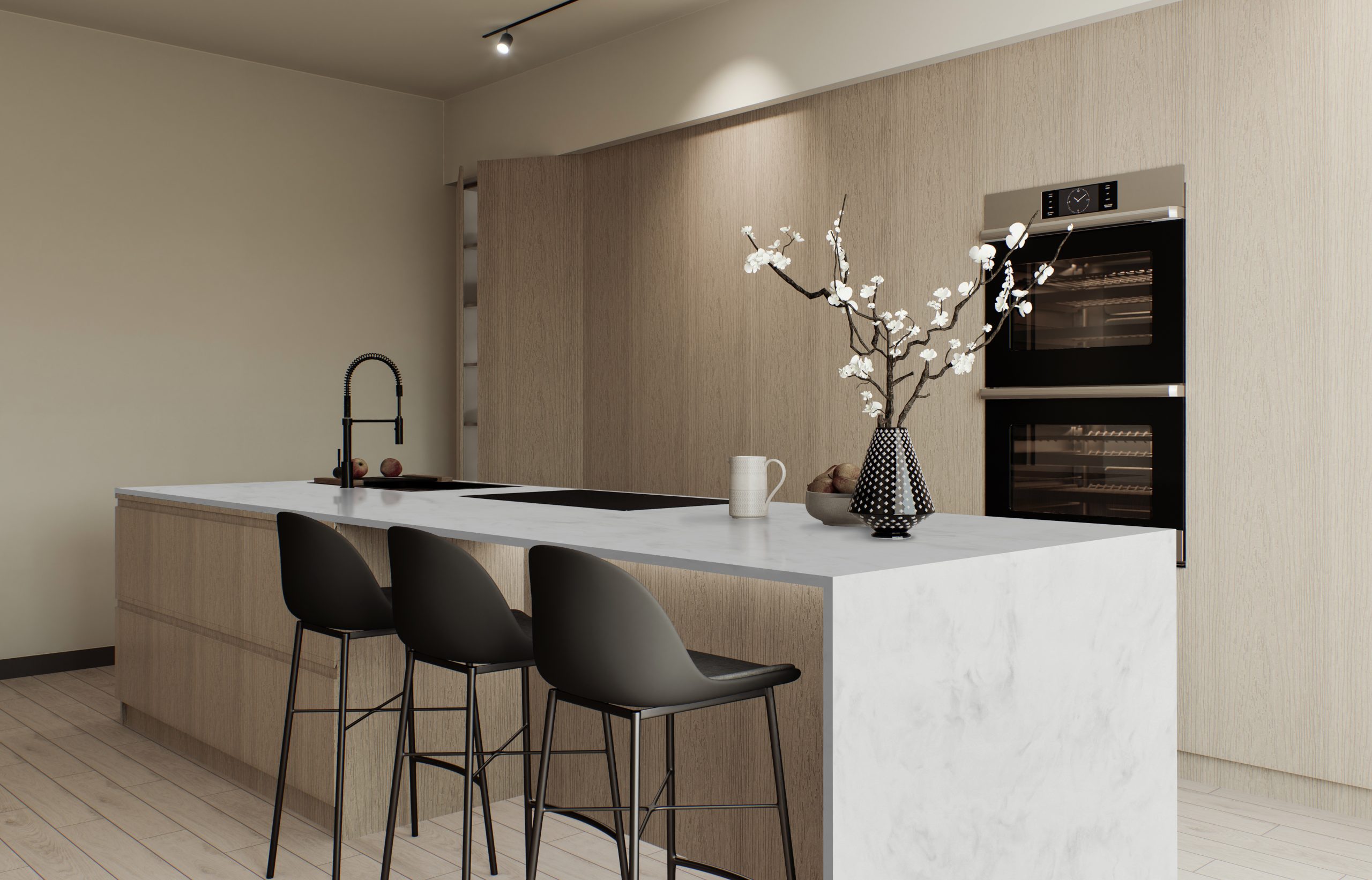 Kitchen studio in warm colors. Kitchen with wooden island and facades. Beige minimalist kitchen with a large island and kitchen appliances. 3d rendering